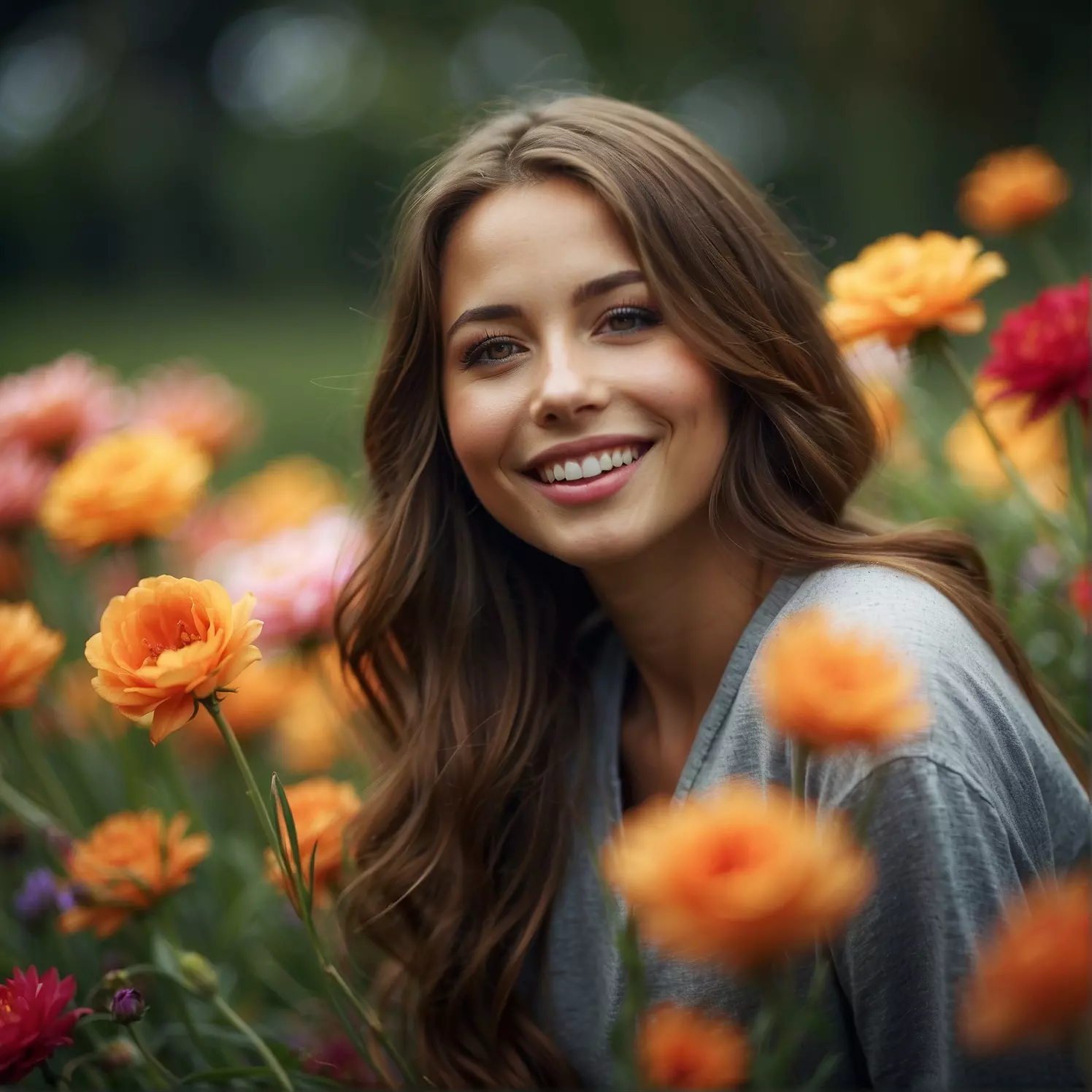 Mulher sorrindo em um floral